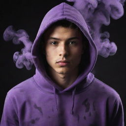 A young man wearing a vibrant purple hoodie with mysterious purple and black smoke swirling and enveloping him.