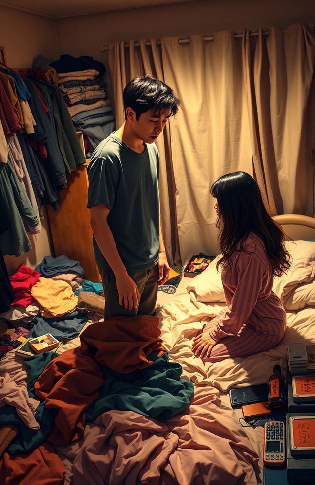 A messy bedroom scene depicting a couple, Jungkook and a woman, engaged in a heated but eventually reconciliatory argument