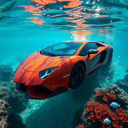 A stunning Lamborghini Aventador submerged partially in serene, crystal-clear water