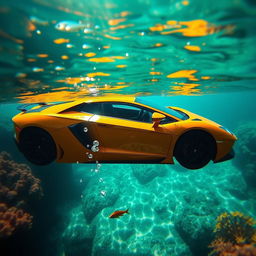 A stunning Lamborghini Aventador submerged partially in serene, crystal-clear water