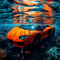 A stunning Lamborghini Aventador submerged partially in serene, crystal-clear water