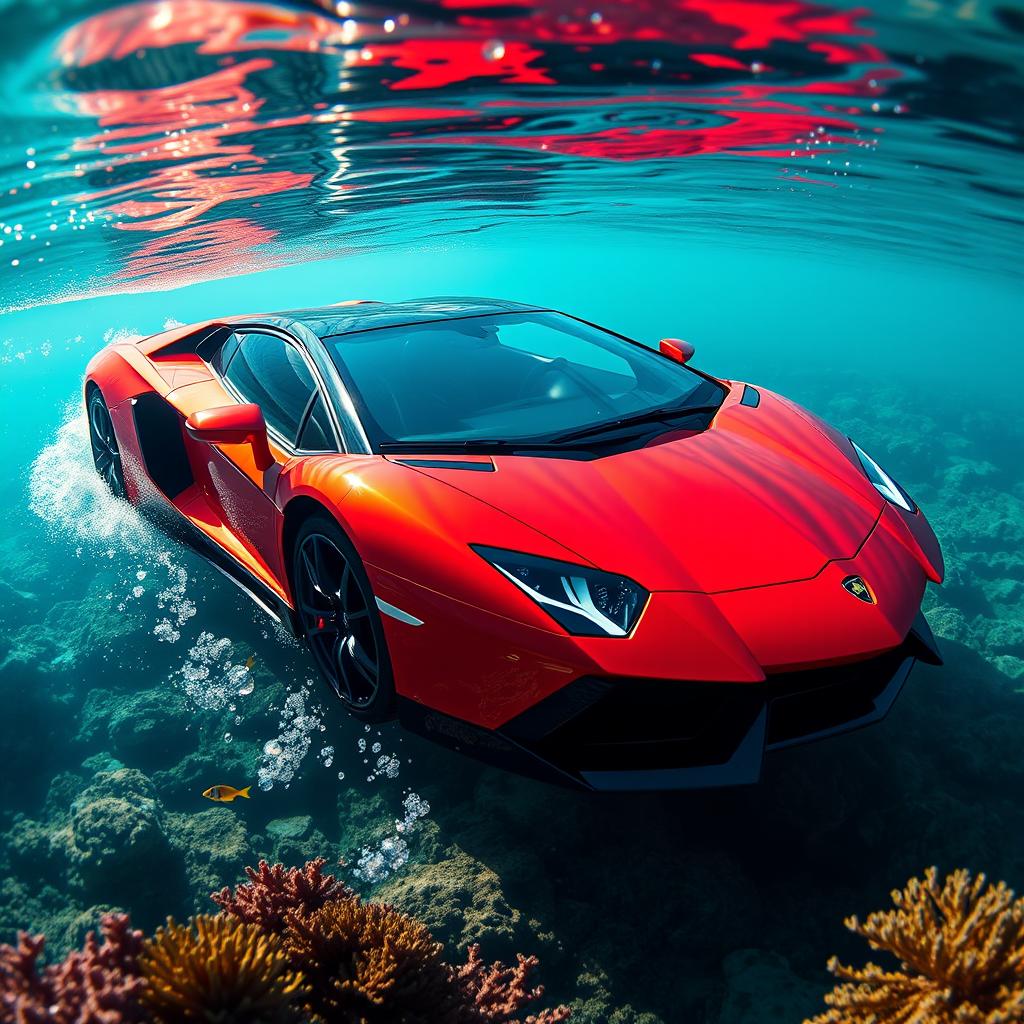 A stunning Lamborghini Aventador submerged partially in serene, crystal-clear water