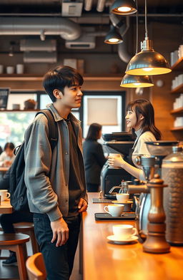 A charming coffee shop scene featuring Jungkook, a tall young man wearing casual college attire, visibly captivated by a female barista