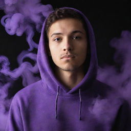 A young man wearing a vibrant purple hoodie with mysterious purple and black smoke swirling and enveloping him.