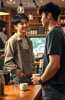 A charming coffee shop scene featuring Jungkook, a tall young man wearing casual college attire, visibly captivated by a female barista