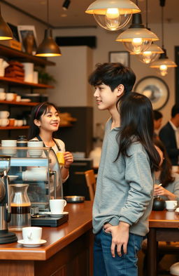 A charming coffee shop scene featuring Jungkook, a tall young man wearing casual college attire, visibly captivated by a female barista