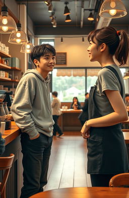 A charming coffee shop scene featuring Jungkook, a tall young man wearing casual college attire, visibly captivated by a female barista