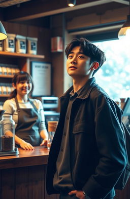 A cozy coffee shop scene featuring Jungkook, a handsome young man in college attire, standing mesmerized by a female barista behind the counter