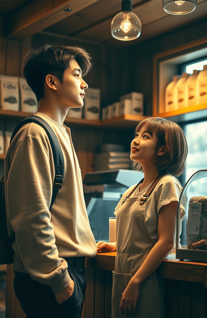 A cozy coffee shop scene featuring Jungkook, a handsome young man in college attire, standing mesmerized by a female barista behind the counter