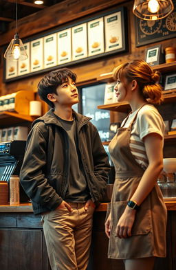 A cozy coffee shop scene featuring Jungkook, a handsome young man in college attire, standing mesmerized by a female barista behind the counter