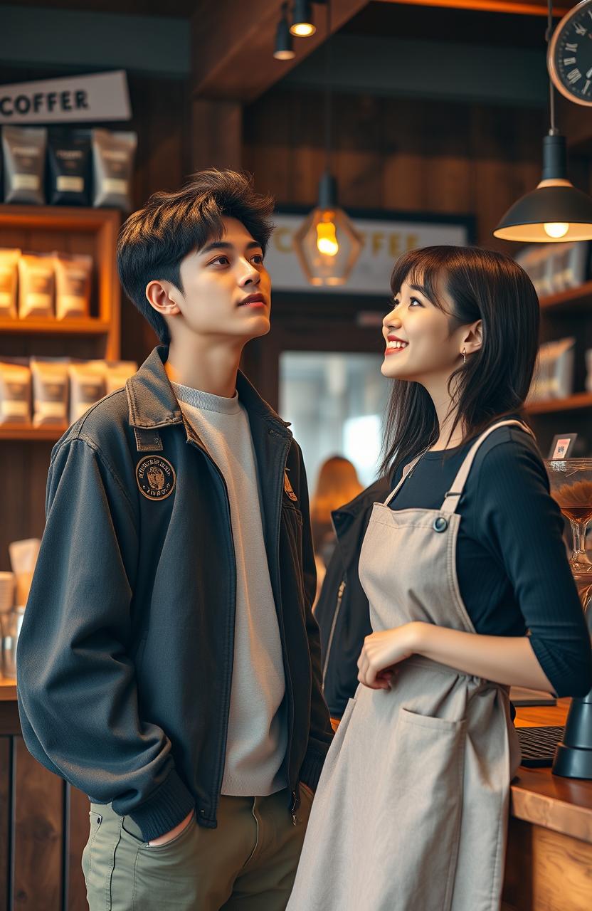 A cozy coffee shop scene featuring Jungkook, a handsome young man in college attire, standing mesmerized by a female barista behind the counter