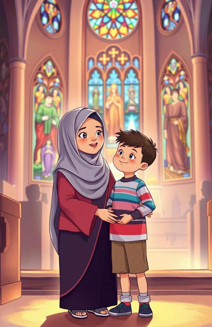 A heartwarming illustration of a five-year-old boy with his Muslim mother at church, showcasing a diverse environment