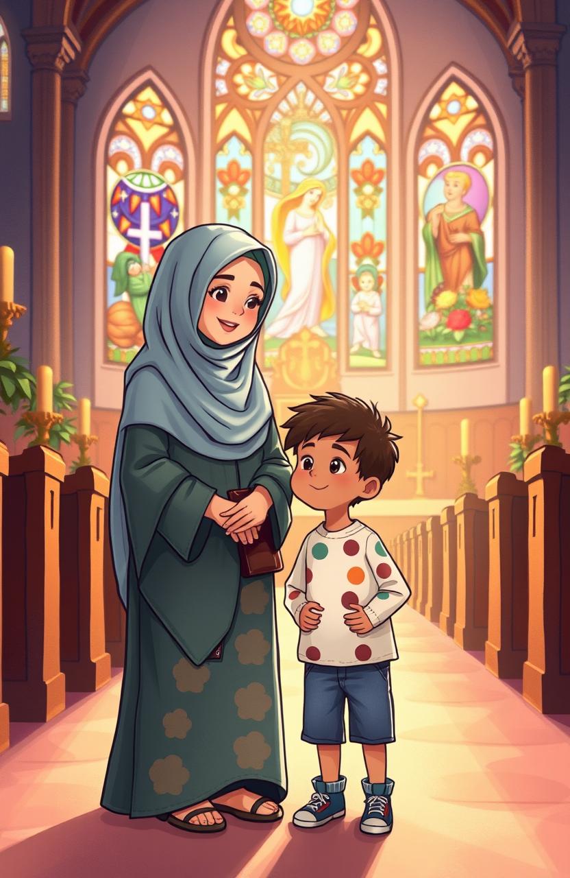 A heartwarming illustration of a five-year-old boy with his Muslim mother at church, showcasing a diverse environment