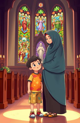 A heartwarming illustration of a five-year-old boy with his Muslim mother at church, showcasing a diverse environment