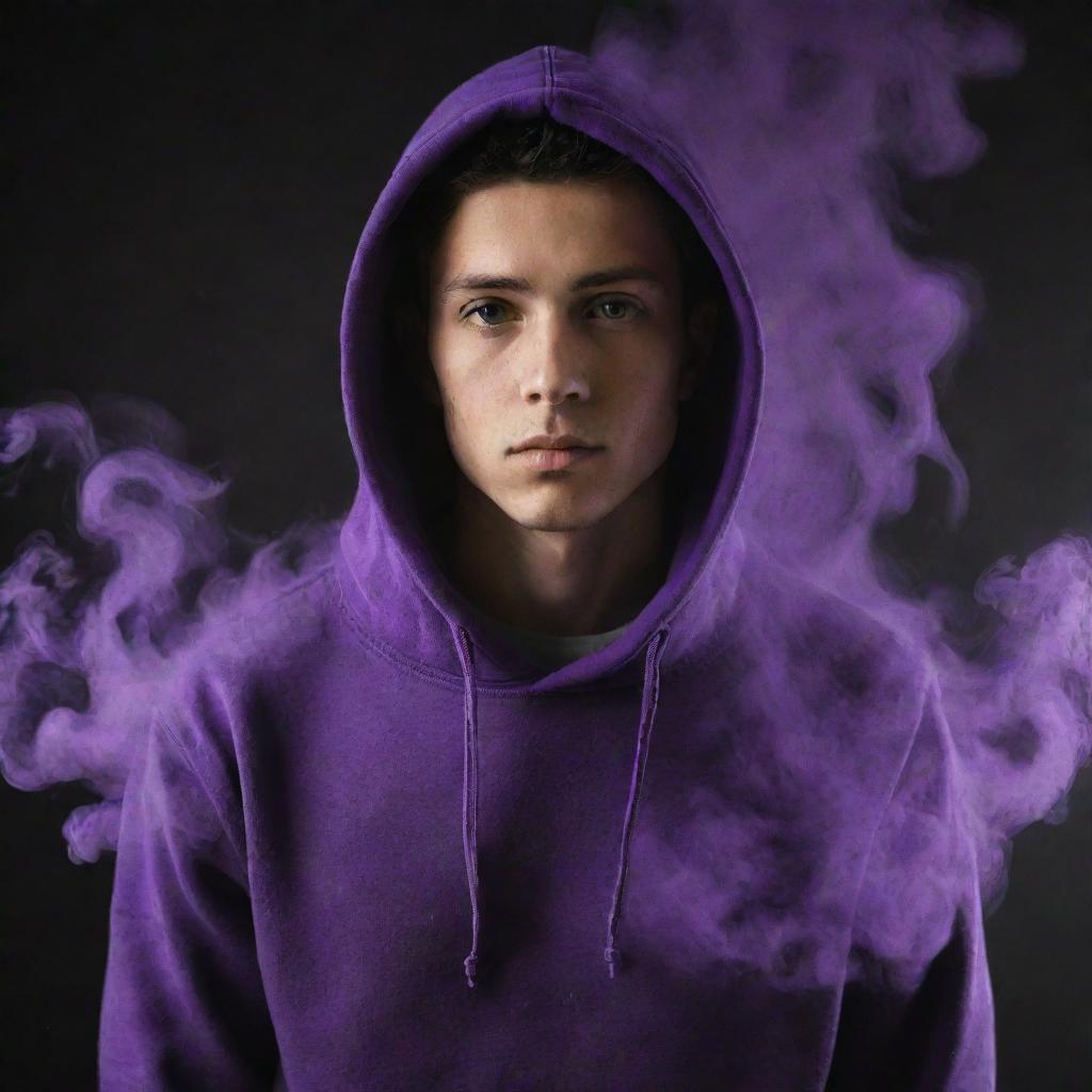 A young man wearing a vibrant purple hoodie with mysterious purple and black smoke swirling and enveloping him.