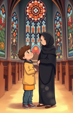 A heartwarming illustration of a five-year-old boy with his Muslim mother at church, showcasing a diverse environment