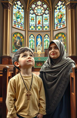 A six-year-old boy wearing a cross necklace, standing in a beautifully decorated church, looking up with curiosity