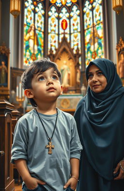 A six-year-old boy wearing a cross necklace, standing in a beautifully decorated church, looking up with curiosity