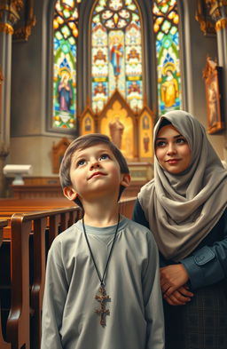 A six-year-old boy wearing a cross necklace, standing in a beautifully decorated church, looking up with curiosity