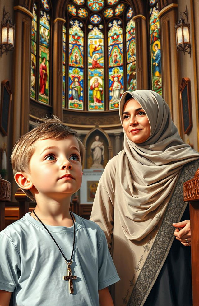 A six-year-old boy wearing a cross necklace, standing in a beautifully decorated church, looking up with curiosity