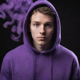 A white young man wearing a vibrant purple hoodie with mysterious purple and black smoke swirling and enveloping him.