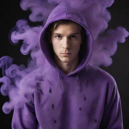 A white young man wearing a vibrant purple hoodie with mysterious purple and black smoke swirling and enveloping him.