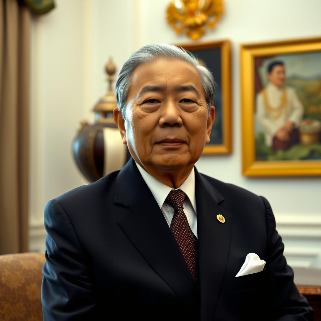 A portrait of President Soeharto, the former President of Indonesia, captured in a formal and respectful manner