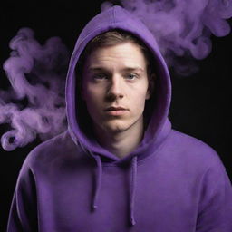 A white young man wearing a vibrant purple hoodie with mysterious purple and black smoke swirling and enveloping him.