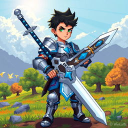 A pixel art character design of a young male warrior, wearing a shiny silver armor with blue accents, gripping a large sword with intricate details, standing confidently on a vibrant battlefield