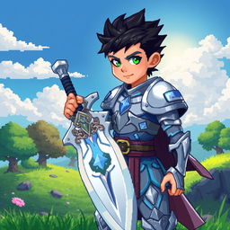 A pixel art character design of a young male warrior, wearing a shiny silver armor with blue accents, gripping a large sword with intricate details, standing confidently on a vibrant battlefield