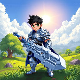 A pixel art character design of a young male warrior, wearing a shiny silver armor with blue accents, gripping a large sword with intricate details, standing confidently on a vibrant battlefield