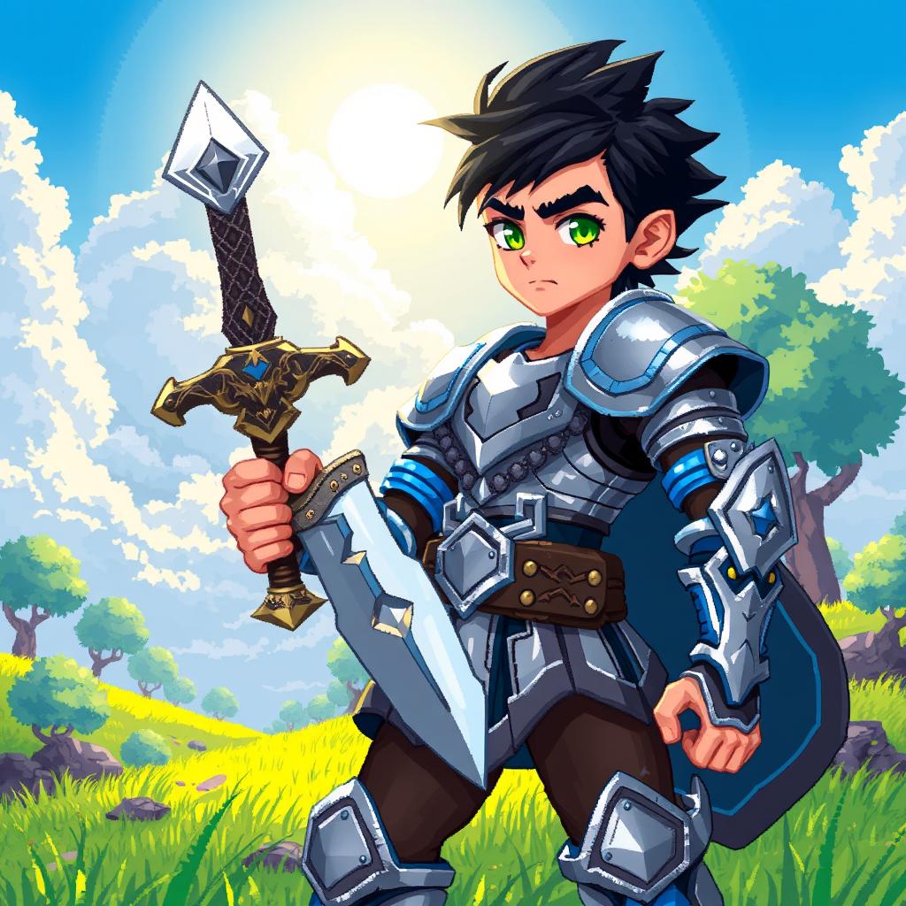 A pixel art character design of a young male warrior, wearing a shiny silver armor with blue accents, gripping a large sword with intricate details, standing confidently on a vibrant battlefield