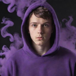 A white young man wearing a vibrant purple hoodie with mysterious purple and black smoke swirling and enveloping him.