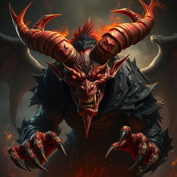 A menacing and detailed demon character, showcasing intricate horns and a fierce expression, with fiery red and black skin, sharp claws, and glowing yellow eyes