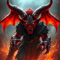 A menacing and detailed demon character, showcasing intricate horns and a fierce expression, with fiery red and black skin, sharp claws, and glowing yellow eyes