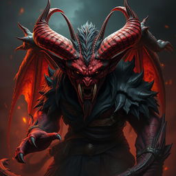 A menacing and detailed demon character, showcasing intricate horns and a fierce expression, with fiery red and black skin, sharp claws, and glowing yellow eyes