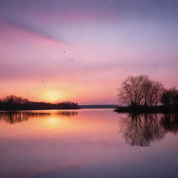 A stunning sunset over a serene lake, casting ethereal hues of warm oranges, purples and pinks into the sky where the silhouettes of graceful birds are gently gliding.