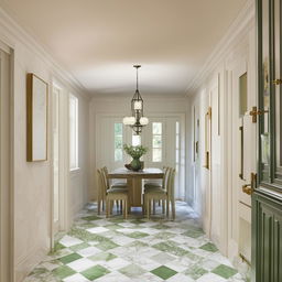 A 12x10 dining room featuring a dining table set on a checkered marble floor, alternating between white and green tiles. The room is tastefully lit, amplifying the room's colors, and patterns.