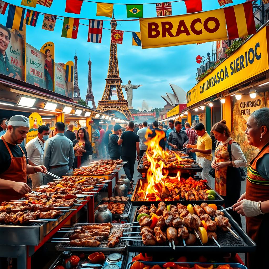 A vibrant and colorful street food festival scene showcasing different types of churrasco from around the world