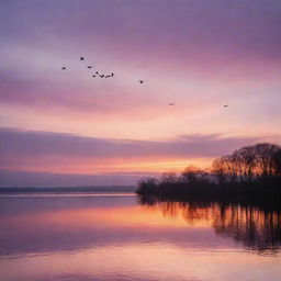 A stunning sunset over a serene lake, casting ethereal hues of warm oranges, purples and pinks into the sky where the silhouettes of graceful birds are gently gliding.