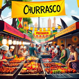 A vibrant and colorful street food festival scene showcasing different types of churrasco from around the world