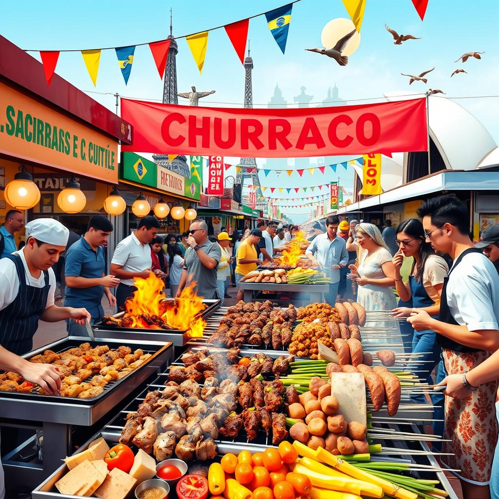 A vibrant and colorful street food festival scene showcasing different types of churrasco from around the world