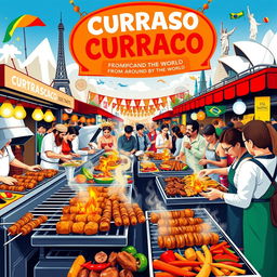 A vibrant and colorful street food festival scene showcasing different types of churrasco from around the world