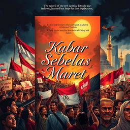 A captivating novel cover for 'Kabar Sebelas Maret' depicting the significant moment of Soeharto's downfall and the subsequent era of reform in Indonesia