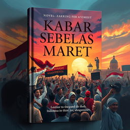 A captivating novel cover for 'Kabar Sebelas Maret' depicting the significant moment of Soeharto's downfall and the subsequent era of reform in Indonesia