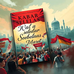 A captivating novel cover for 'Kabar Sebelas Maret' depicting the significant moment of Soeharto's downfall and the subsequent era of reform in Indonesia