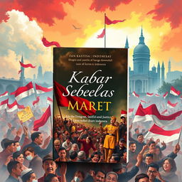 A captivating novel cover for 'Kabar Sebelas Maret' depicting the significant moment of Soeharto's downfall and the subsequent era of reform in Indonesia