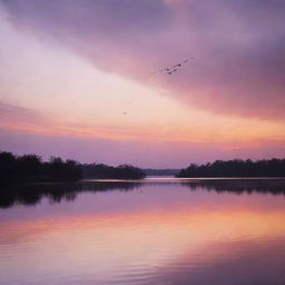 A stunning sunset over a serene lake, casting ethereal hues of warm oranges, purples and pinks into the sky where the silhouettes of graceful birds are gently gliding.