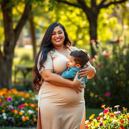 A confident, curvaceous woman with long dark hair and voluptuous figure standing gracefully in a soft, natural environment