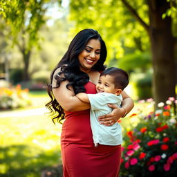 A confident, curvaceous woman with long dark hair and voluptuous figure standing gracefully in a soft, natural environment